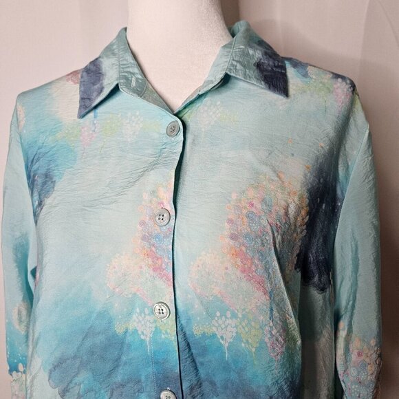 Shana Size Medium Fairy Tale Trees Button Up Aqua Blue Long Sleeve Coastal Shirt - Picture 6 of 12